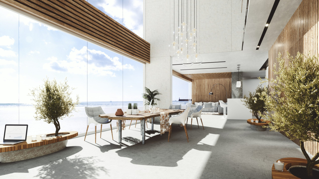 Modern luxury holiday villa at seaside. 3D generated image. Image on the laptop is my own graphics.